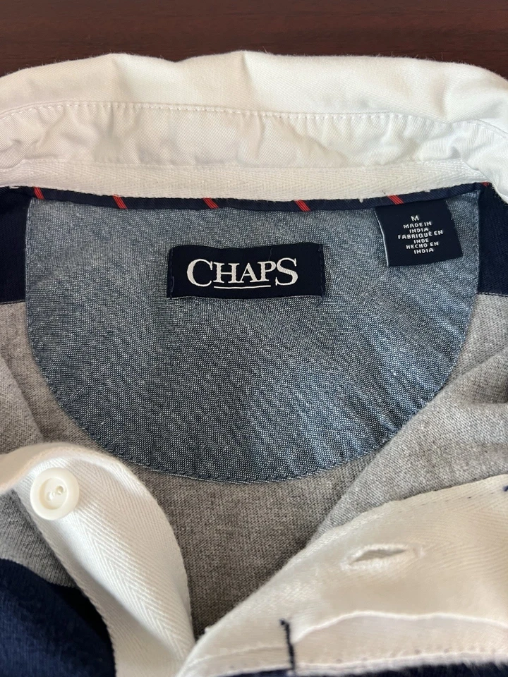 Chaps Men's Rugby Shirt Size M Pullover Polo Gray Navy Blue Long Sleeve - Image 4 of 4