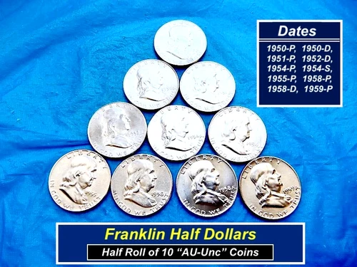 HALF ROLL of Ten "AU-UNC" Franklin Halves ➳ 1950-1959 ➳ Details Below ➳ 1.10