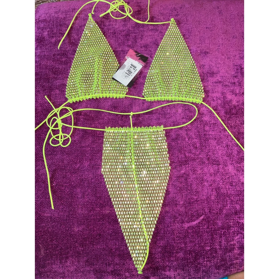性感 Diamante 比基尼 莱姆绿 Skimpy 丁字裤 三角 NEON 全新带标签 全新 均码 — 第 3/4 张图片