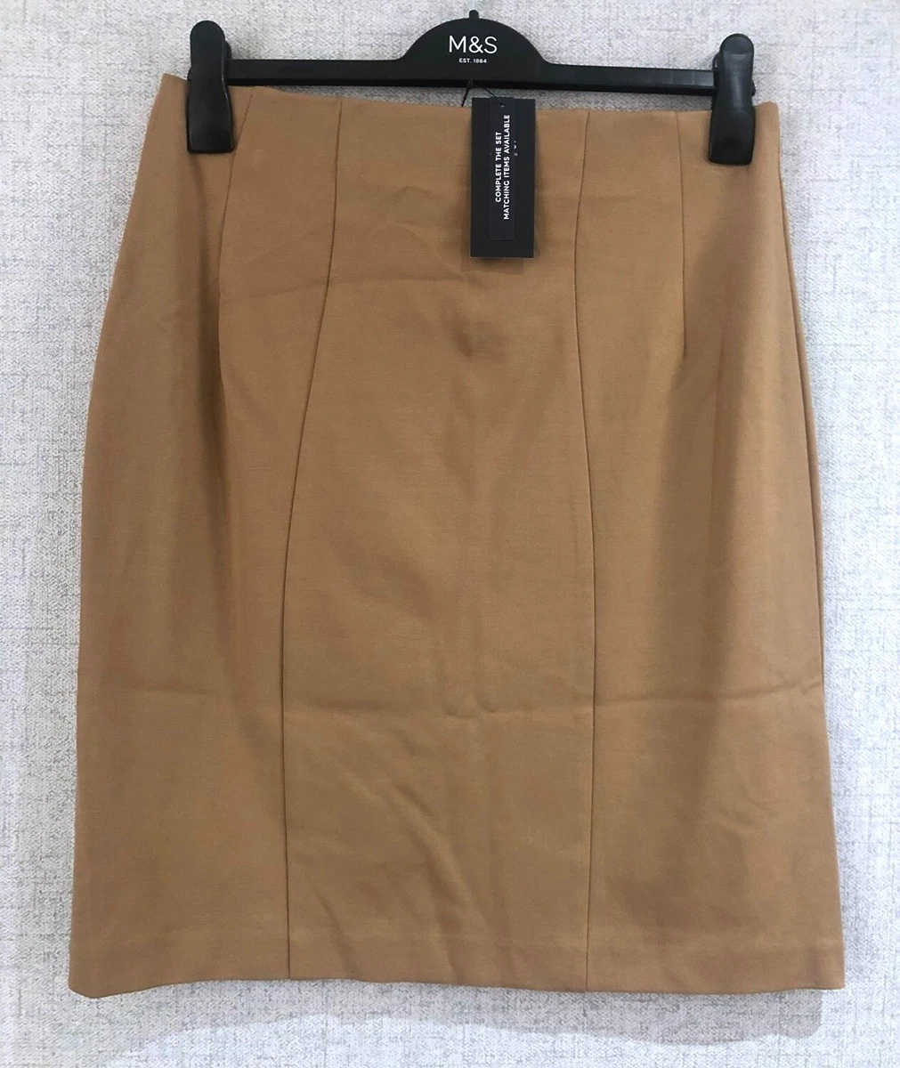 Marks Spencer M S New Skirt Size 12 Short Stretch Elasticated Waist Tan Brown