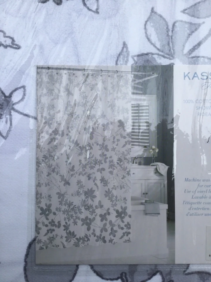 全新 Kassatex Floral Ombré 灰色浴帘 72 x 72 100% 棉 灰色/白色 — 第 3/4 张图片