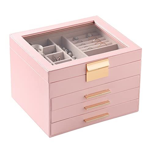 Clear Lid Jewelry Box,4 Layers Jewelry Organizer Large Multi-Functional Pink