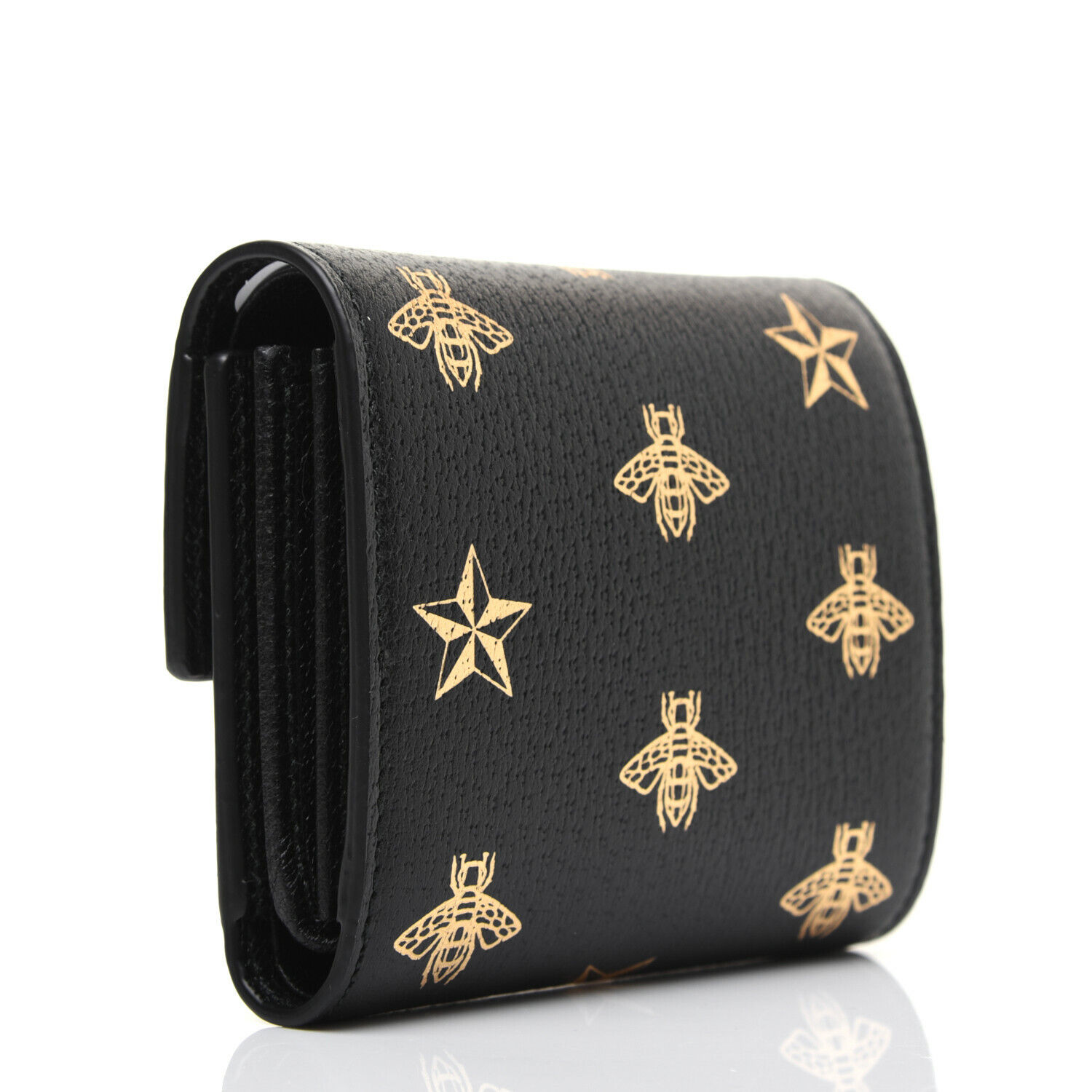 Gucci Calfskin Bee Star Print Padlock Wallet Leather Black Gold New