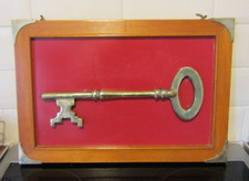 Large vintage Antique brass key in wooden frame - Freedom of city? Masonic?
