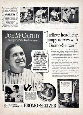 Bromo-Seltzer NY Yankees Manager Joe McCarthy Endorsed 1939 Vtg Mag Print Ad