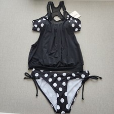 NWT ZAFUL 2-Piece Tankini Women's L Black Polka Overlay Top Bikini Swimsuit