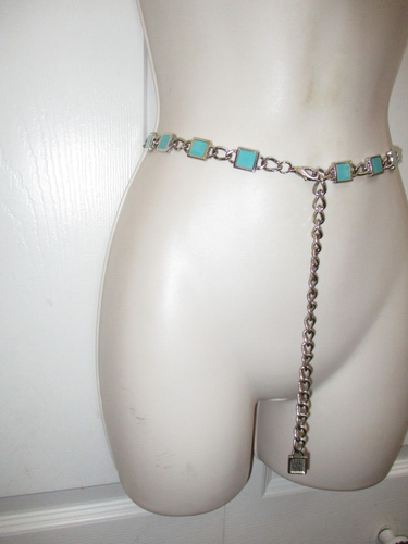 Cinturón de cadena mediana para mujer rectangular plateado con centro turquesa se adapta a 30-31" nuevo - Imagen 5 de 19