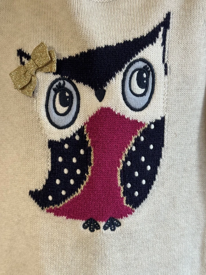 Girls size 5 GYMBOREE 2015 Charm Class Ivory Sparkle Bow OWL Sweater Dress - Image 3 of 4