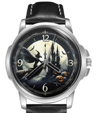 Orologio da polso Halloween strega su scopa arte spettrale #2 cinturino in pelle quadrante grande