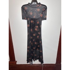 Floral Rose Mesh Overlay Midi Dress Mock Neck Short Sleeve Black Red Large