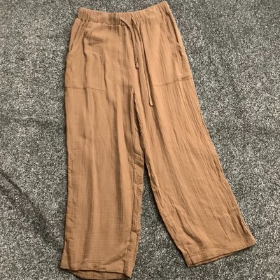 EMERY ROSE Brown Gauze Linen Look Wide Leg Trousers Size L W28 L23 High Rise