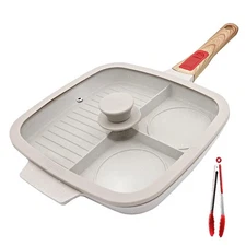 Grill Pan 3 Section Detachable Handle Nonstick Square Skillet Lid White Stove