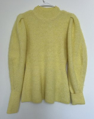 H&M Premium Alpaca Blend Yellow Peplum Sweater Mock Neck Puff Sleeve S NWOT