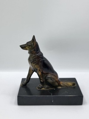 Alte Hund Skulptur Lineal Marmorsockel Vintage #XS
