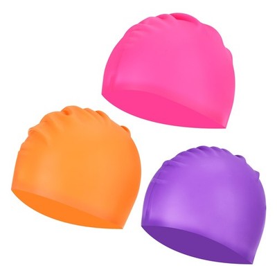 3Pcs Silicone Swim Cap Waterproof Non-Slip Swimming Hat, Orange/Purple/Fuchsia