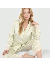 Women's Satin Pajama Set With Ruffled Cuffs And Button-Up Top