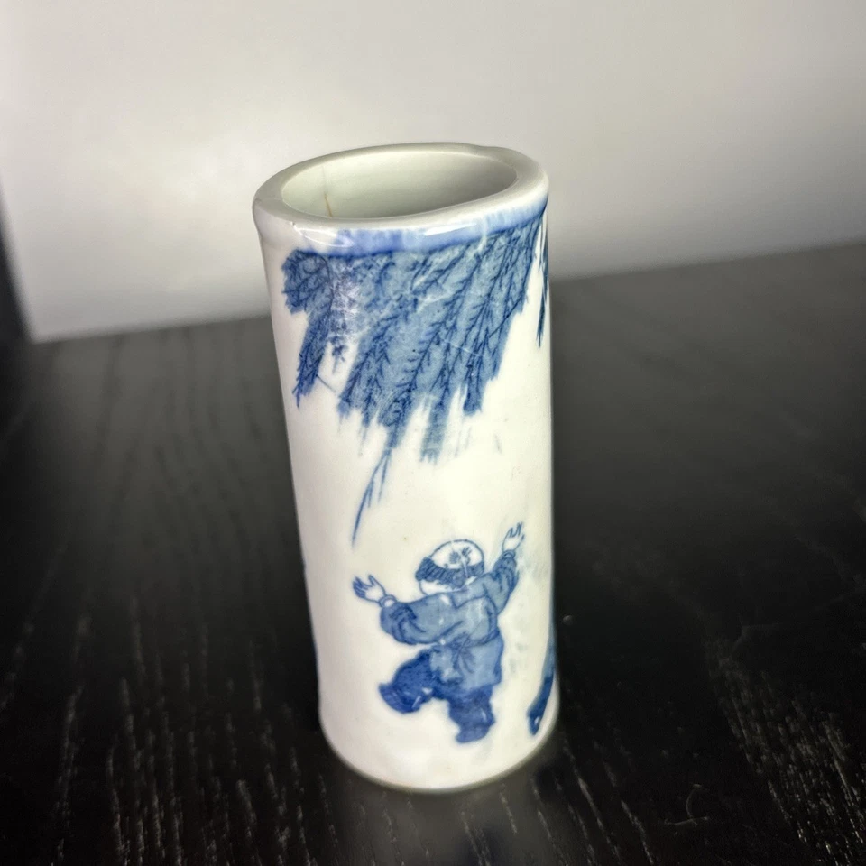 Vintage Chinese Blue White Porcelain Brush Pot Bitong Boys at Play Hand Painted - Image 3 of 4