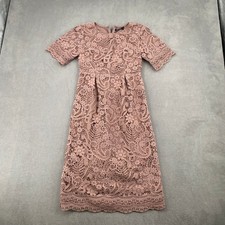Mikarose Pink Floral Lace Short Sleeve Midi Dress XS Modest Wedding Guest