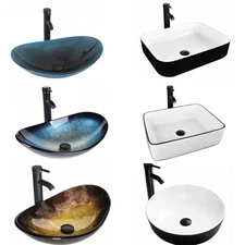 Bathroom Vessel Sink w/ Faucet |Tempered Glass Ceramic Basin Bowl for Countertop