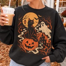 Retro Halloween Sweatshirt, Vintage Black Cat And Ghost Crewneck, Spooky Pumpkin
