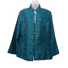 Chico s Size 1 Rayon Silk Jacket Teal Black Embroidered Mandarin Collar Lined