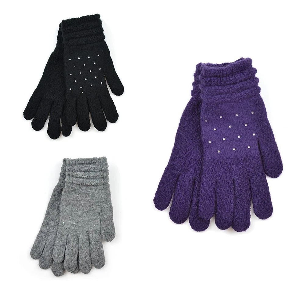 FOXBURY Ladies Jacquard Diamante Gloves Soft Warm Winter Glove Black, Navy, Hot Pink