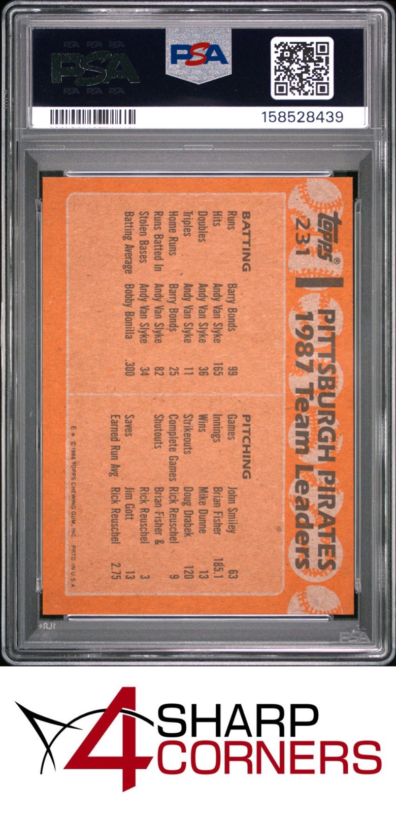 1988 TOPPS #231 BARRY BONDS PIRATES LEADERS PSA 10 view 2
