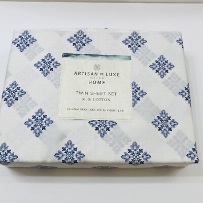 New Artisan De Luxe 3 Piece Twin Sheet Set 100% Cotton White Blue Geometric