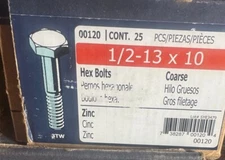 1/2 -13 X 10 Zinc Plated Grade 2 / 00120 Steel Coarse Thread Hex Bolts (25 Pcs)