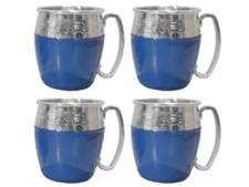 Hammered Moscow Mule Mugs 4-PC SET in BOX Blue Silver Tone Stainless Steel Cups