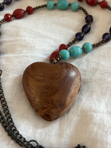wooden heart pendent with purple, red and teal glass beads Necklace - Picture 2 of 4