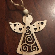 Wooden Angel w Hearts Cut in Wings & Swirly DressNatural, Laser-Cut $20=Free Shp