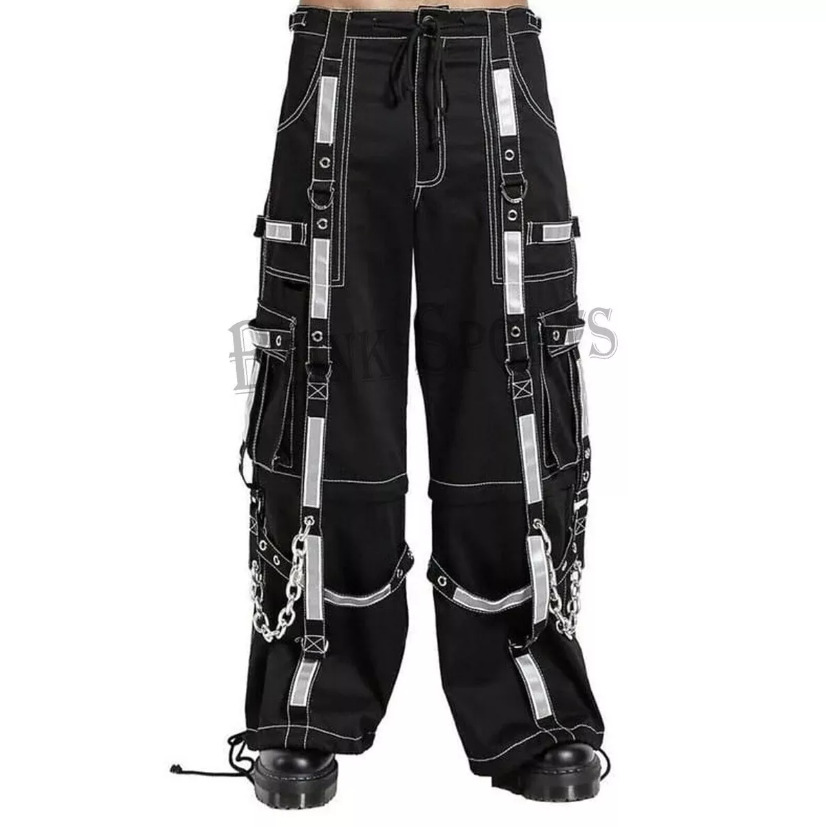 Men s Gothic Pants Threads Reflective Pent Black Punk Buckle Zips Chain Trousers