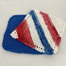 Vintage 2 Hand Knitted Red White Blue Hot Pad Potholders Trivets Patriotic