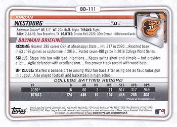 2020 Bowman Draft Paper Prospects #BD-111 Jordan Westburg 1st Baltimore Orioles - Picture 2 of 2