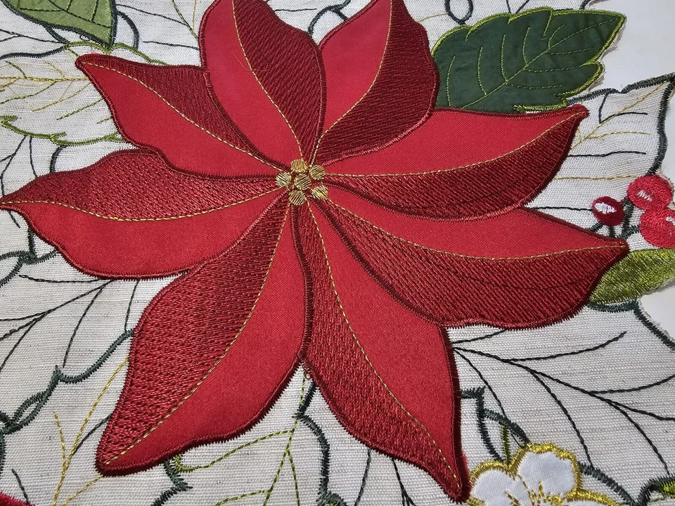 Christmas Embroidered Poinsettia Table Runner  St Nicholas Square Linen Blend - Image 2 of 4