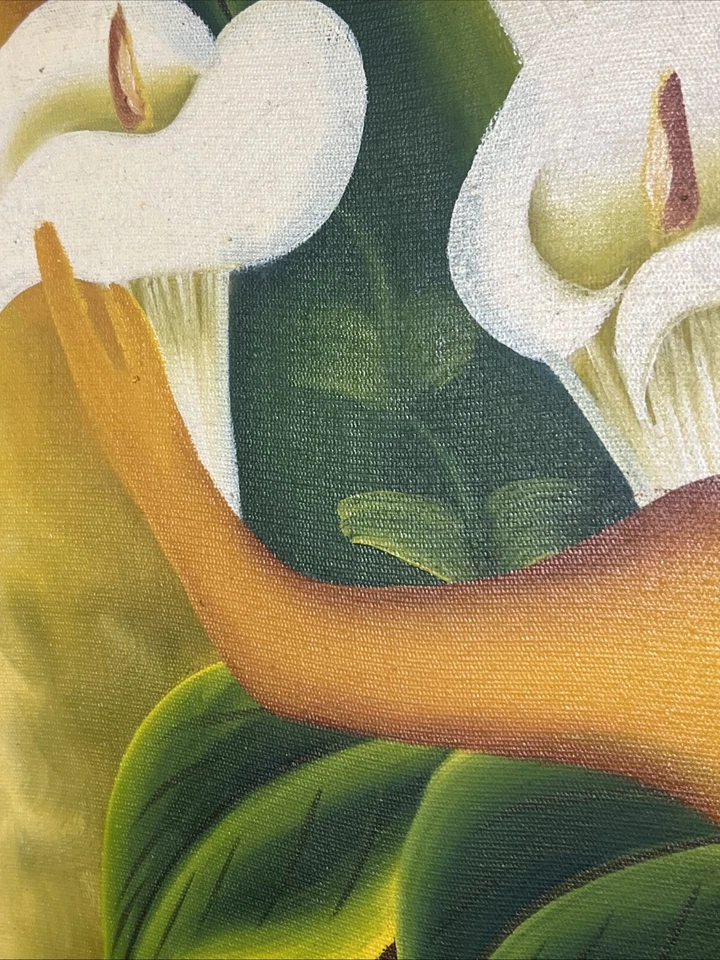 Beautiful Vintage Spanish Oil Painting of Girl w/ Cala Lilies after Diego Rivera - Image 4 of 4