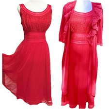 Vtg Red Shadowline Nightgown Double Chiffon  Lorraine Robe Set Lace Nylon 38 L
