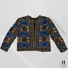 Vintage Scala Black Beaded Sequin Silk Evening Jacket Women's Size L 20.5x23