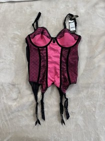 Dita Von Teese Pink Black Lace Sheer Bustier Set with Garter Straps & Skirt