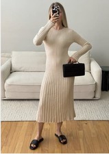 Quince Cotton Cashmere Ribbed Long Sleeve Crew Midi Dress Oatmeal Size M