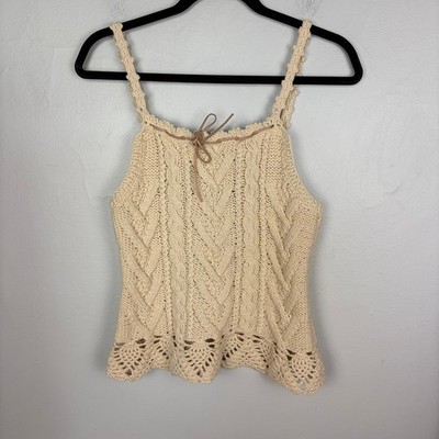 Suprima Crochet Tank Top Cream Square Neck Leather Bow Boho Festival Size Small