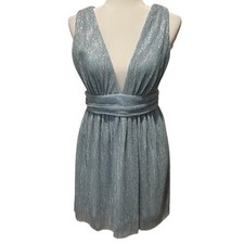 Lulus Ailey Silver Blue Metallic Skater Dress Sz M Lined Twist Back Plunge Neck
