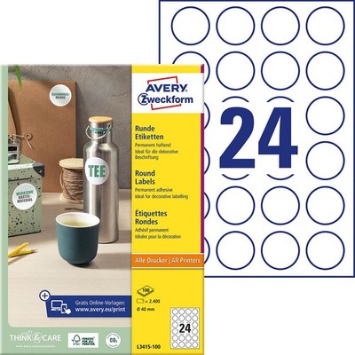 AVERY Zweckform Etiketten L3415-100 weiß 40,0  x 40,0 mm, 100 Blatt