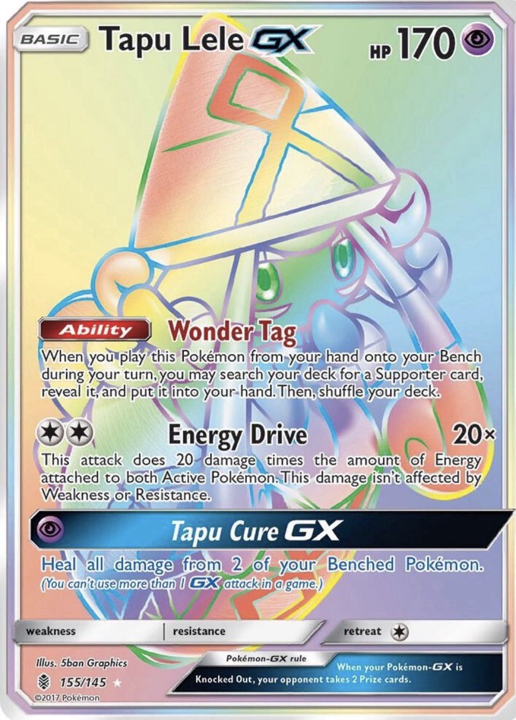 Pokémon Tapu Lele GX Secret Rare Full Art Holo SM-Guardians Rising 155/145
