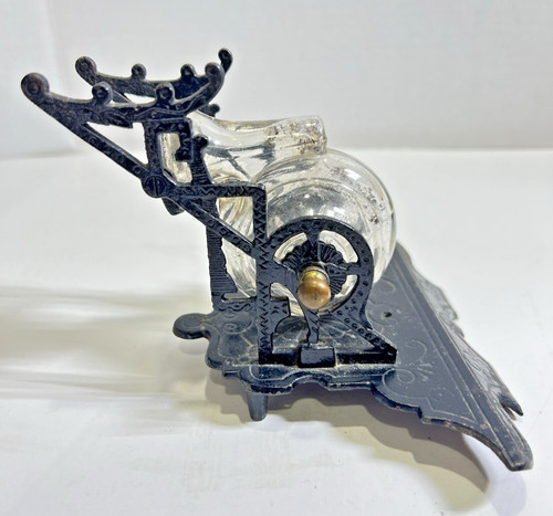 Antique Victorian Cast Iron & Glass Revolving Tilting Snail Inkwell Pen Holder