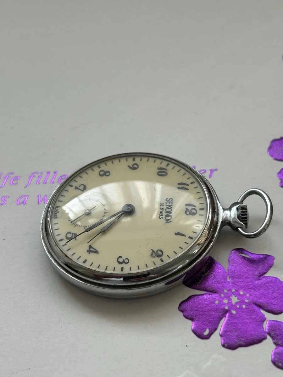Reloj Bolsillo Mecánico Sekonda, Cara Abierta Plateada, Esfera Beige Árabe 18J/Funcionando