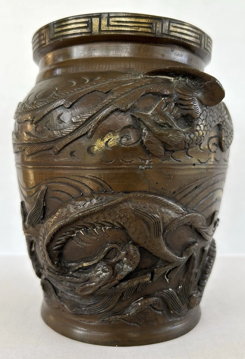 ▽ 錆物師 『鍋長』作江戸時代 龍雕刻 宣德銅製 古董 伏猪 裏面 懐玉斎正次