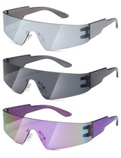 3 Pack Trendy Rimless Futuristic Wrap Around Sunglasses Cyberpunk Visor Shades