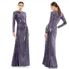 Mac Duggal SEQUINED HIGH NECK LONG SLEEVE DRAPED GOWN 10824 SZ 2 Amethyst NWT